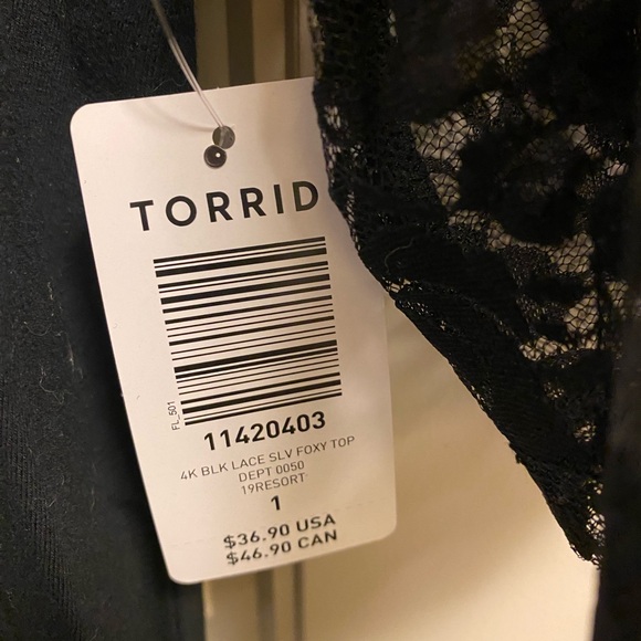 NWT Torrid 1 Blouse Black Stretch Lace Arm Top 1X Shirt Body Hugging - Picture 2 of 8